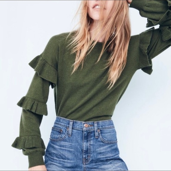 J Crew ruffle sleeve sweater olive green small - Picture 1 of 8